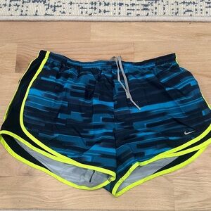 Nike Blue Pattern Running Shorts with Neon Yellow Trim